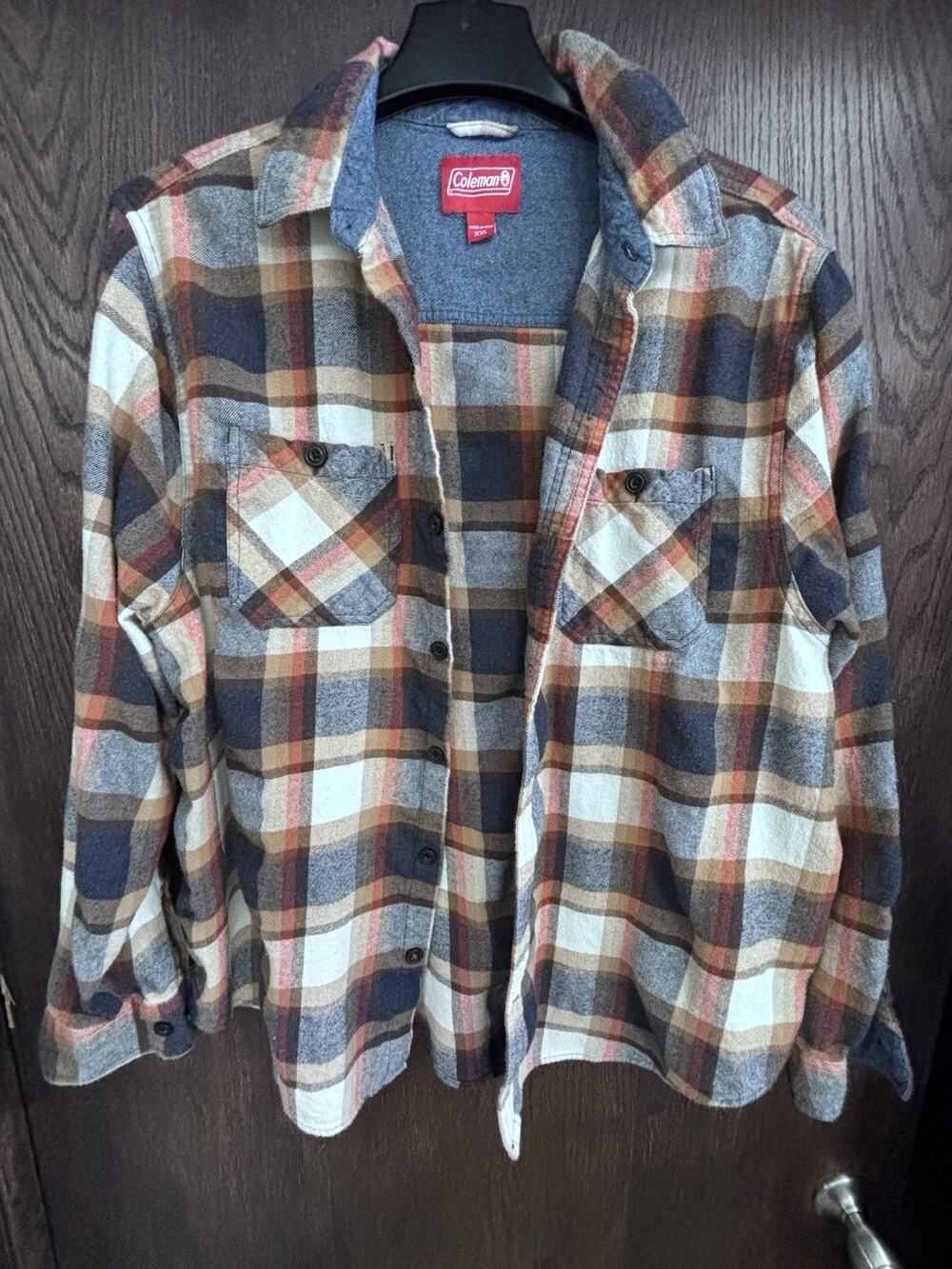 Coleman Plaid Flannel Button Down Shirt Men's Size XXL Orange Blue Brown Hiking